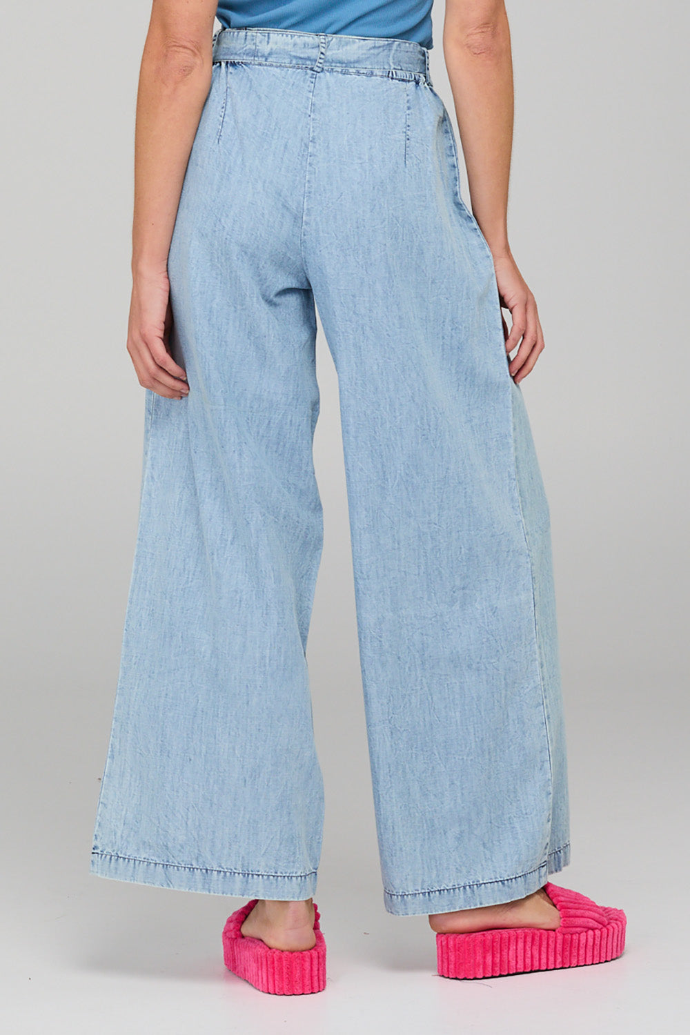 A model wearing the Ray Lyocell Pant in colour Comoda (Blue), from the back
