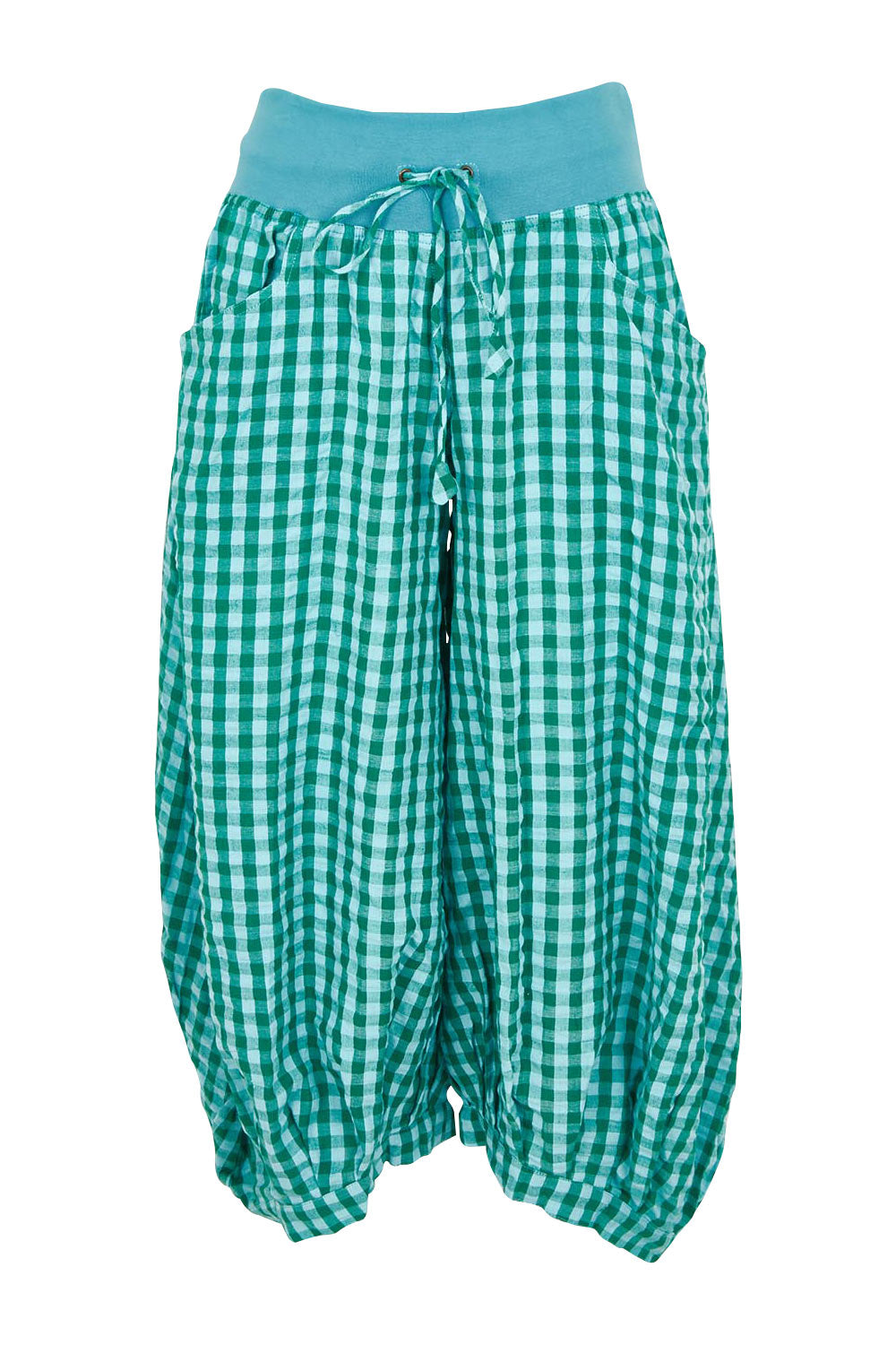 Product shot of the Guru Cotton Pant in colour Green (Green), from the front