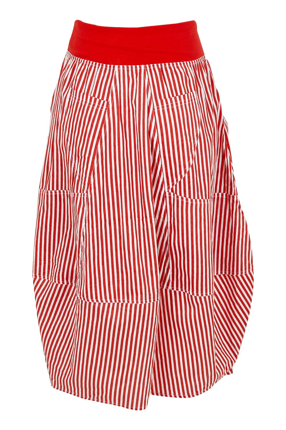 Product shot of the Guru Cotton Skirt in colour Emilias (Red), from the back