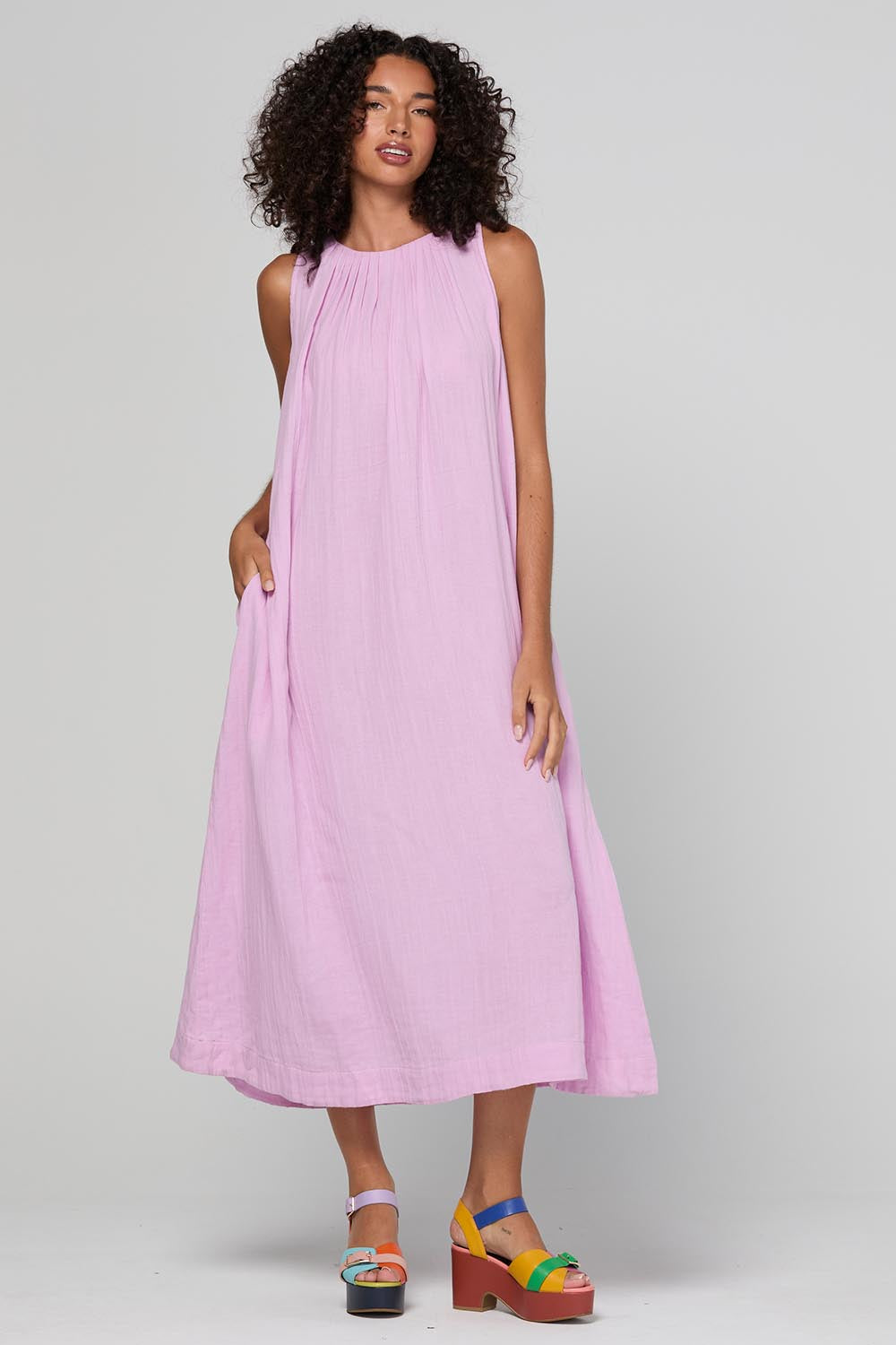 Model Genericm wearing size sample of the Oceano Dress – Sorbet in colour Sorbet, from the front