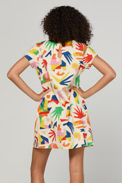 Model Genericm wearing size sample of the Harper Dress – Shapes in colour Shapes, from the back