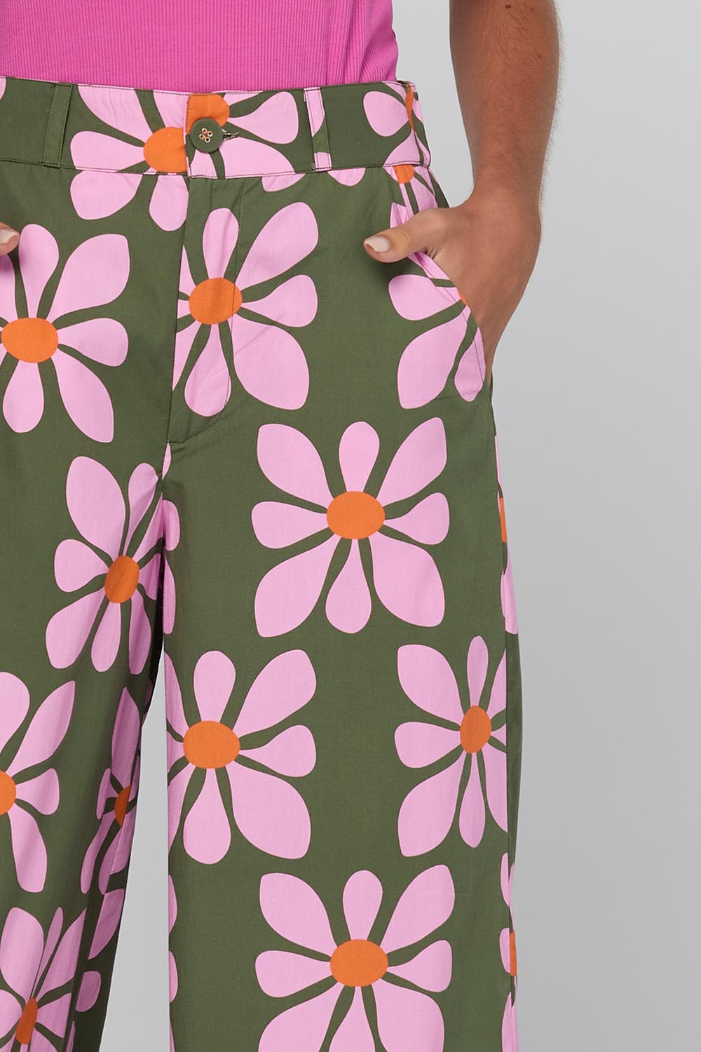 Model Genericm wearing size sample of the Cosmos Pant – Cosmos in colour Cosmos, in a cropped view