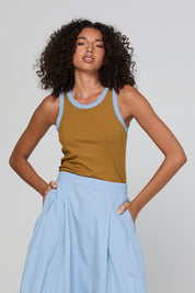 Model Genericm wearing size sample of the Bellissimo Tank – Icedchai in colour Icedchai, in a cropped view