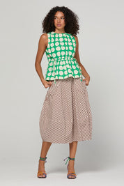 Model Genericm wearing size sample of the Carmen Top – Circulo in colour Circulo, from the front