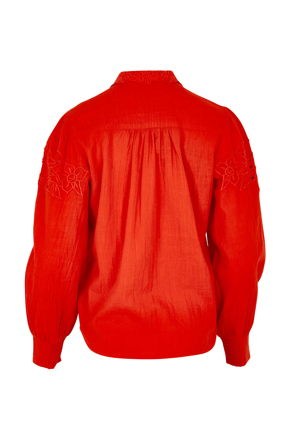 Product shot of the Clementine Cotton Shirt in colour Poppyred (Red), from the back