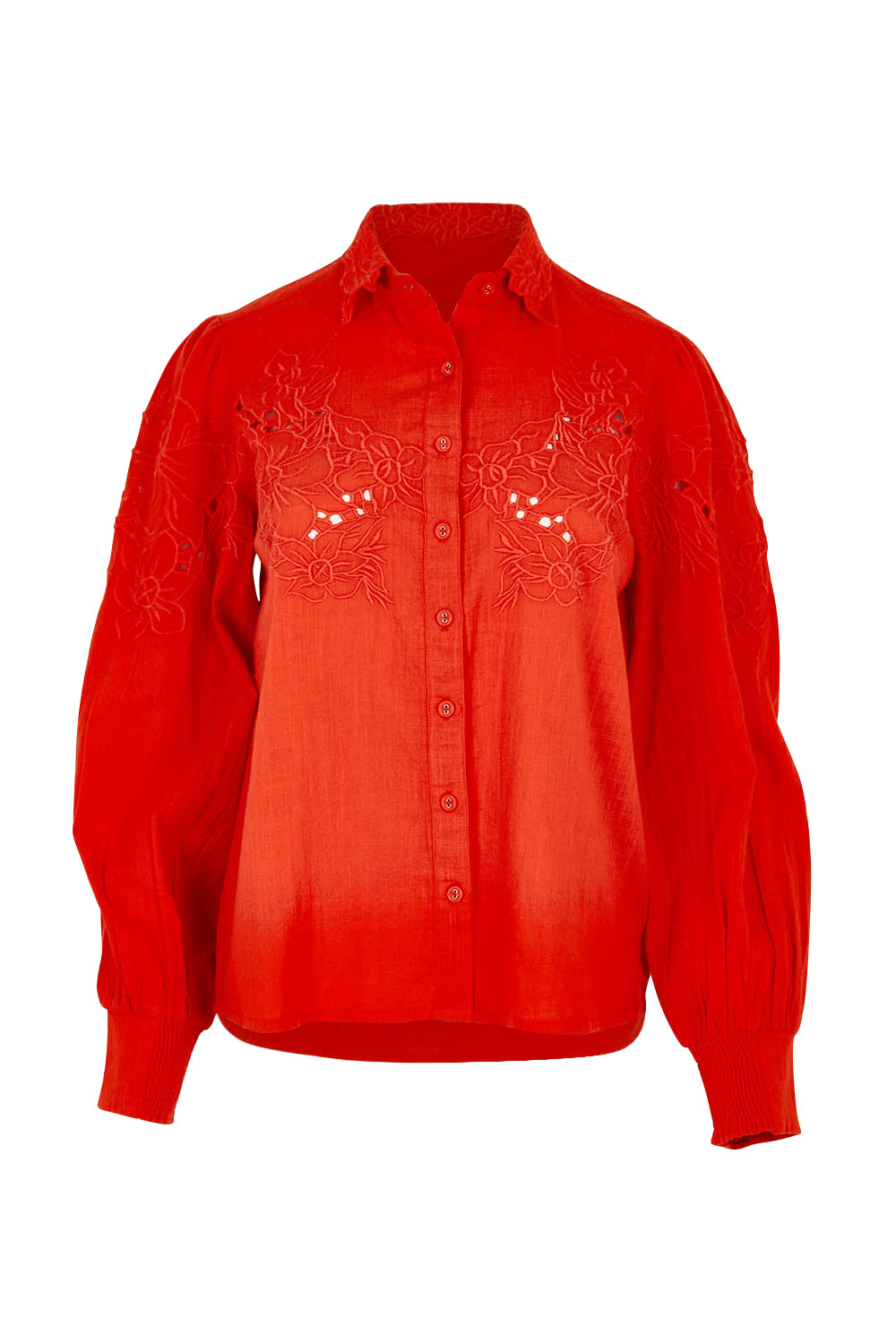 Product shot of the Clementine Cotton Shirt in colour Poppyred (Red), from the front