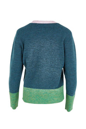 Product shot of the Poet Cardigan in colour Bluemulti (Blue), from the back