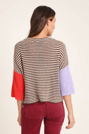 Model Madeline wearing size S of the Neopolitan Jumper in colour Multi, from the back