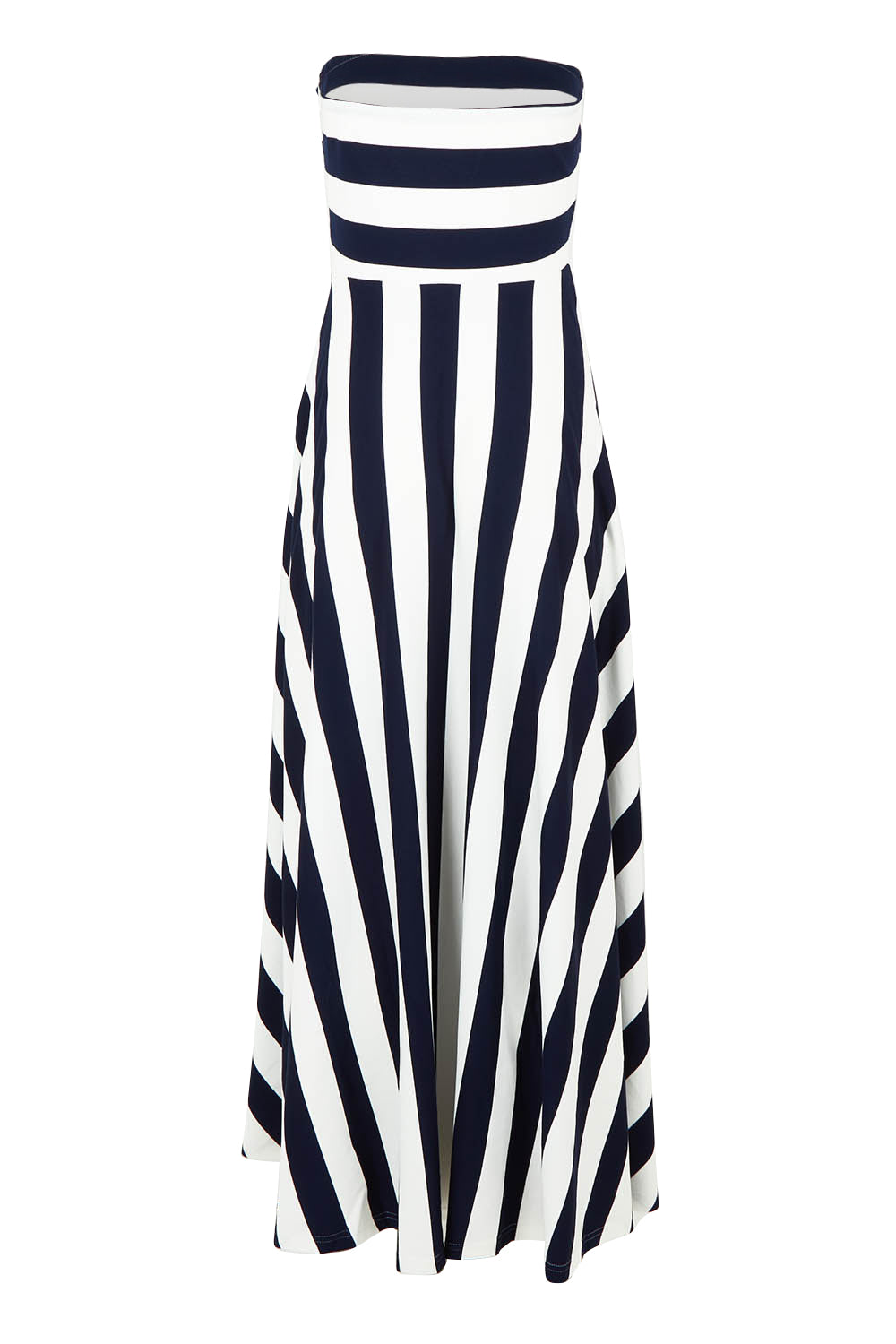 Product shot of the Thandie Strapless Dress in colour Navystripe (Blue), from the back