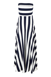 Product shot of the Thandie Strapless Dress in colour Navystripe (Blue), from the back