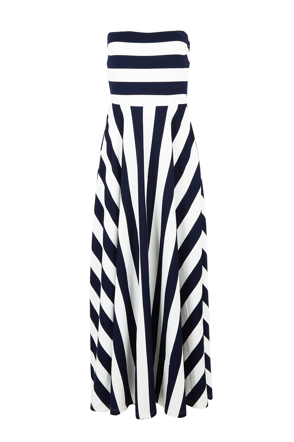 Product shot of the Thandie Strapless Dress in colour Navystripe (Blue), from the front