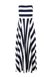 Product shot of the Thandie Strapless Dress in colour Navystripe (Blue), from the front