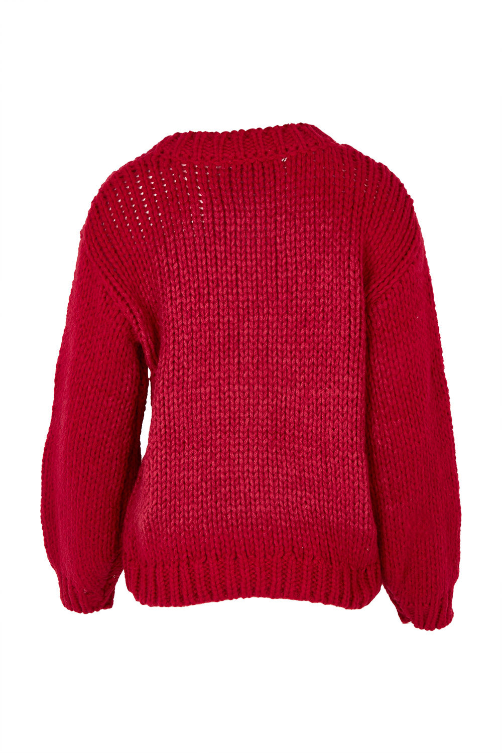 Product shot of the Heart On My Sleeve Knit in colour Cherrywhit (Red), from the back