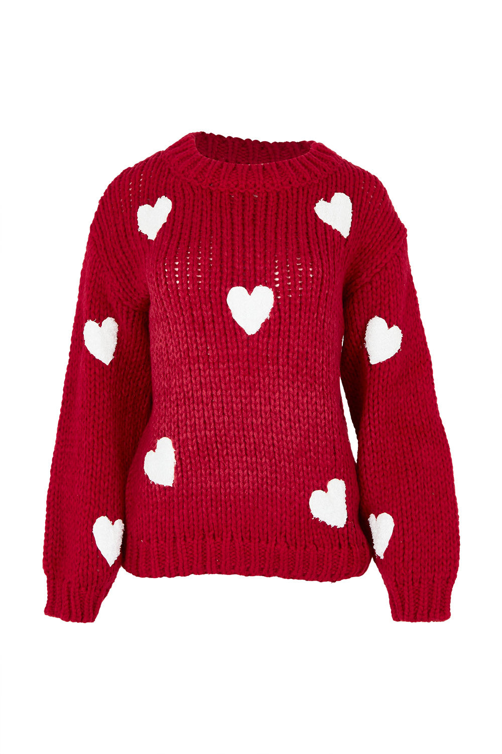 Product shot of the Heart On My Sleeve Knit in colour Cherrywhit (Red), from the front