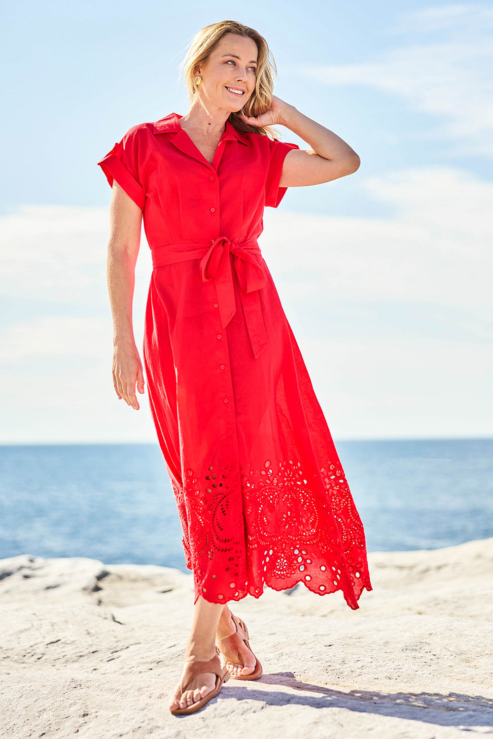 Model Bianca wearing size S of the Versailles Cotton Dress in colour Chilli (Red), from the front, showing the whole outfit