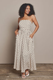 Model Ziara wearing size S of the Avalon Cotton Maxi Dress in colour Chocpolka, from the front, showing the whole outfit