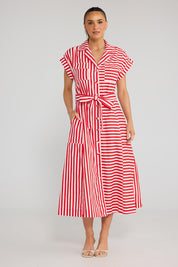 Model Genericm wearing size sample of the Portia Dress - Cherrystripe in colour Cherrystripe, from the front