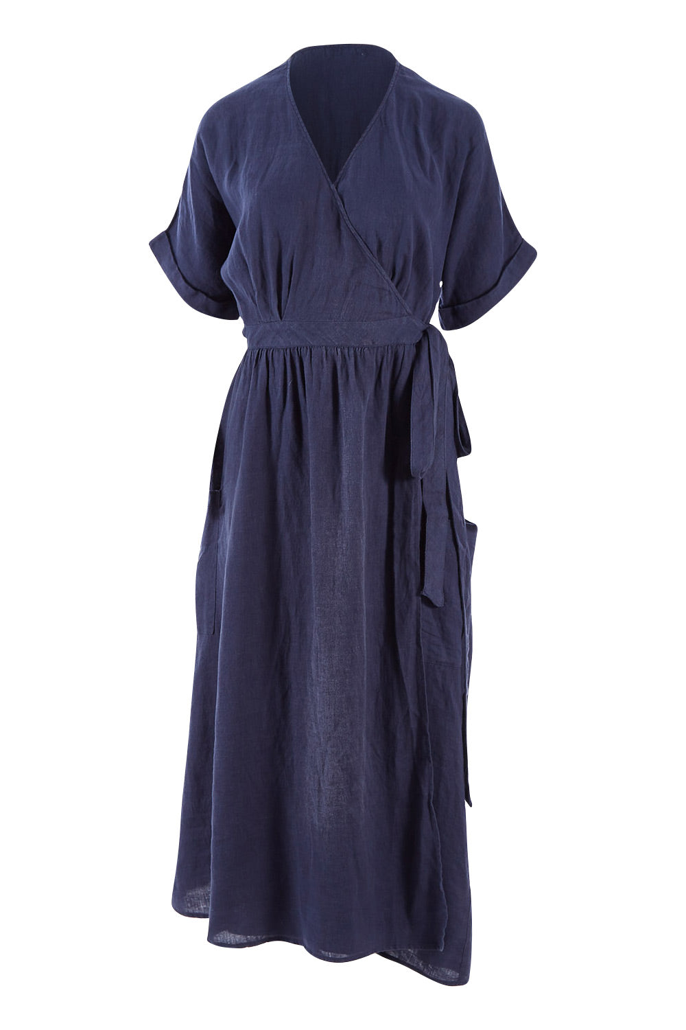 Product shot of the Pansies Wrap Dress in colour Navy (Blue), from the front