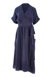 Product shot of the Pansies Wrap Dress in colour Navy (Blue), from the front