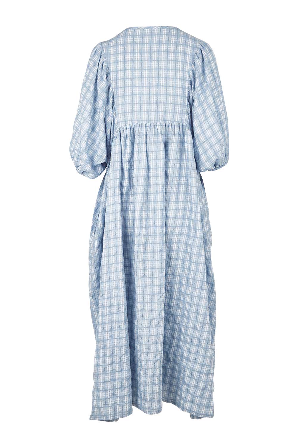 Product shot of the Ciao Bella Dress in colour Bluecheck (Blue), from the back