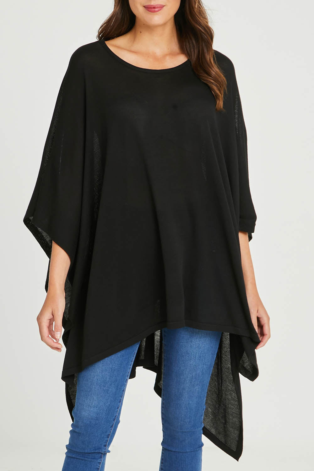 Model Madeline wearing size OneSize of the Vaasa Top in colour Black (Black), from the front, cropped image