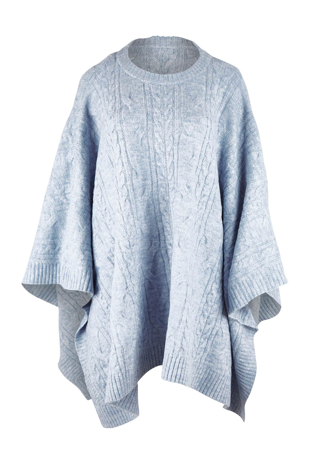 Product shot of the Marnie Cable Knit Poncho in colour Iceblue (Blue), from the front