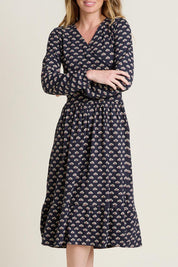 A model wearing the Annie Faux Wrap Cotton Dress in colour Navy (Blue), from the front, cropped image