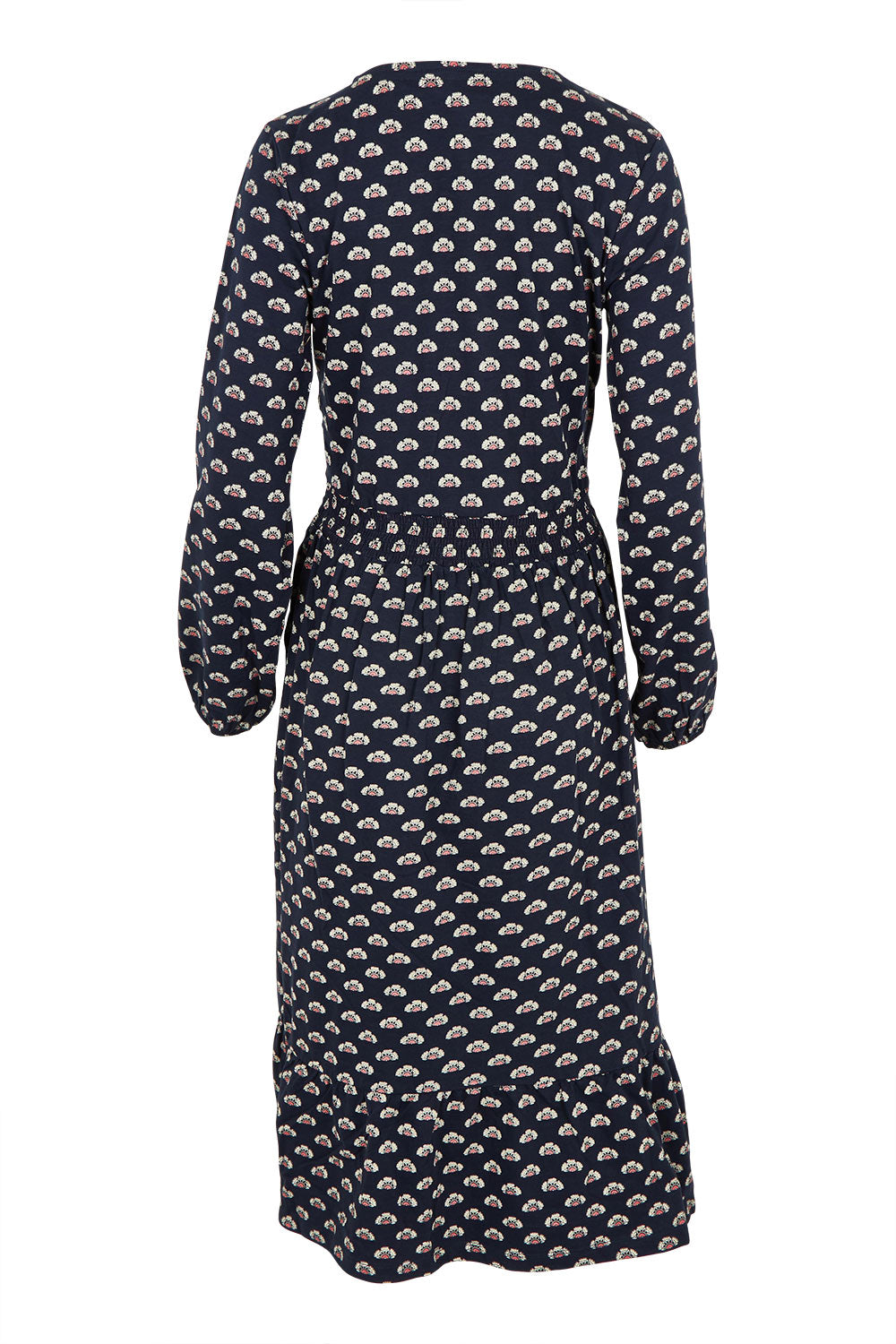 Product shot of the Annie Faux Wrap Cotton Dress in colour Navy (Blue), from the back