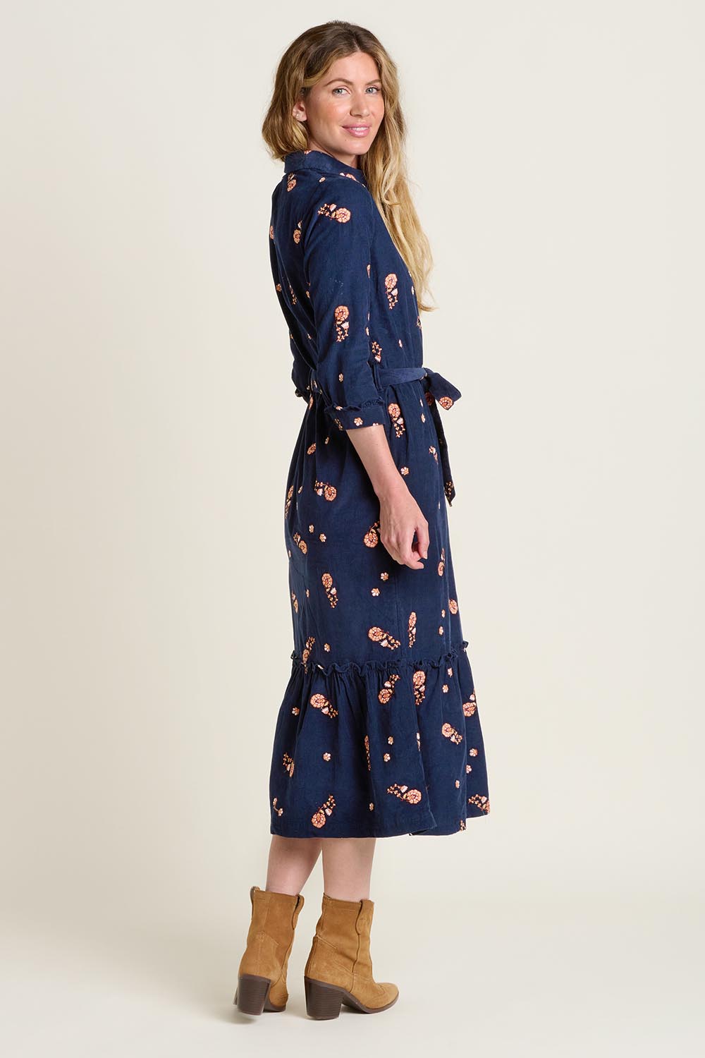 A model wearing the Maeve Maxi Cotton Corduroy Shirt Dress in colour Navy (Blue), from the back