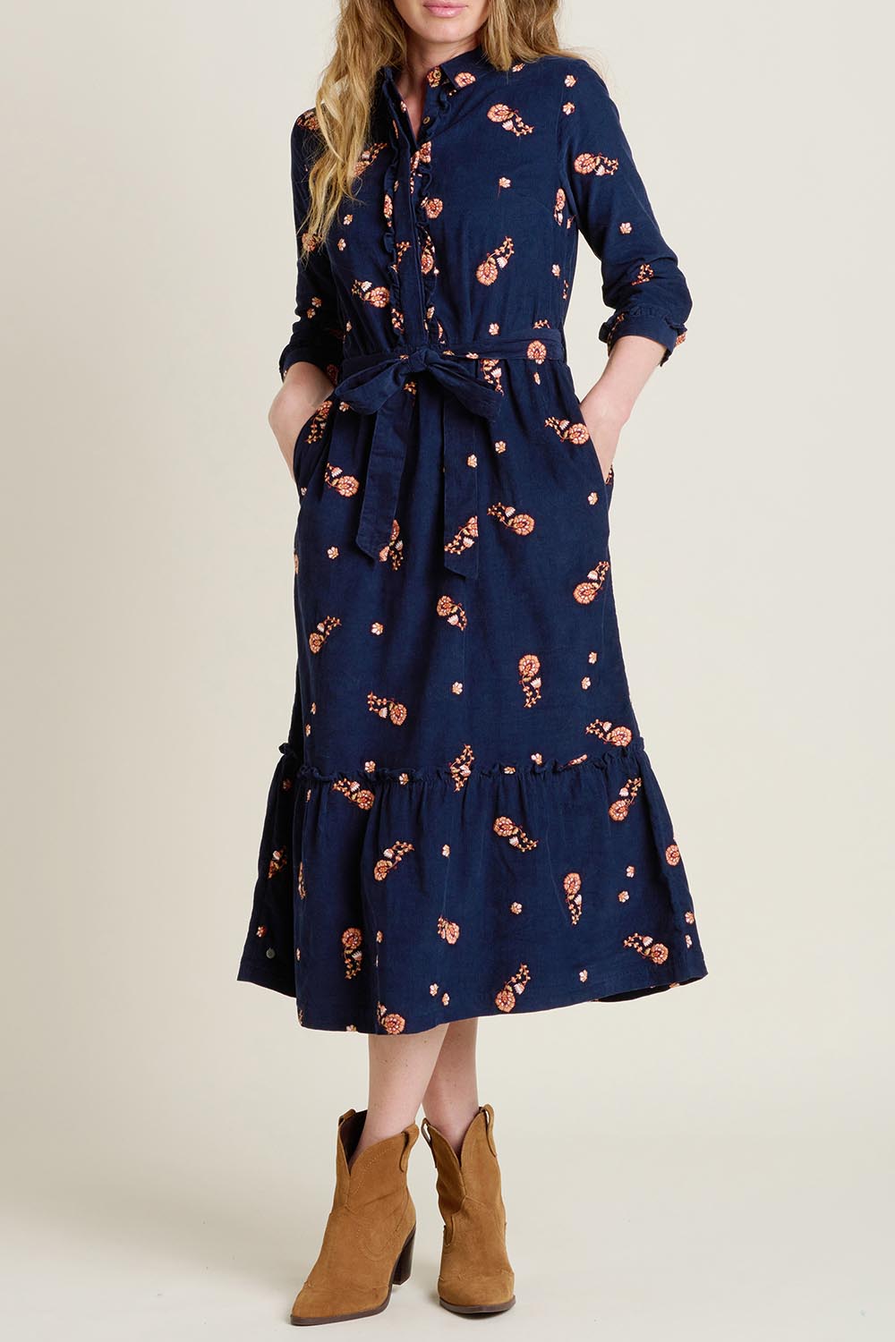 A model wearing the Maeve Maxi Cotton Corduroy Shirt Dress in colour Navy (Blue), from the front, cropped image