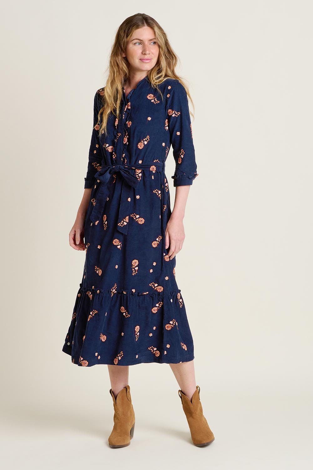 A model wearing the Maeve Maxi Cotton Corduroy Shirt Dress in colour Navy (Blue), from the front, showing the whole outfit