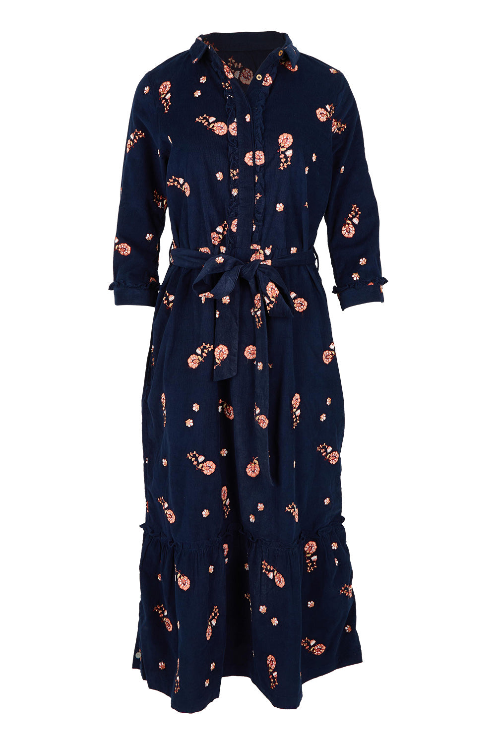 Product shot of the Maeve Maxi Cotton Corduroy Shirt Dress in colour Navy (Blue), from the front