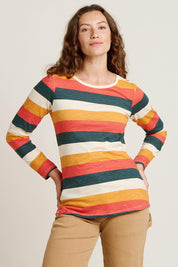 A model wearing the Stripe Long Sleeve Cotton Tee in colour Multi, from the front, cropped image