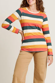 A model wearing the Stripe Long Sleeve Cotton Tee in colour Multi, from the front, cropped image