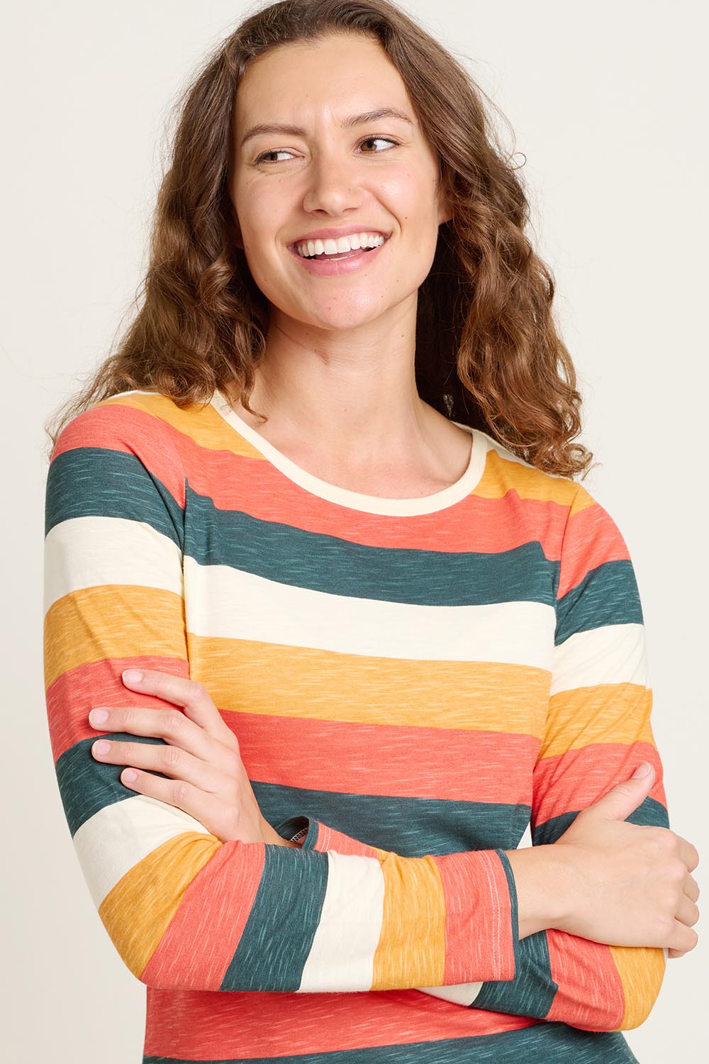 A model wearing the Stripe Long Sleeve Cotton Tee in colour Multi, from the front, cropped image