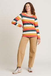 A model wearing the Stripe Long Sleeve Cotton Tee in colour Multi, from the front, showing the whole outfit