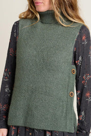 A model wearing the Button Side Knitted Vest in colour Khaki (Green), from the front, cropped image