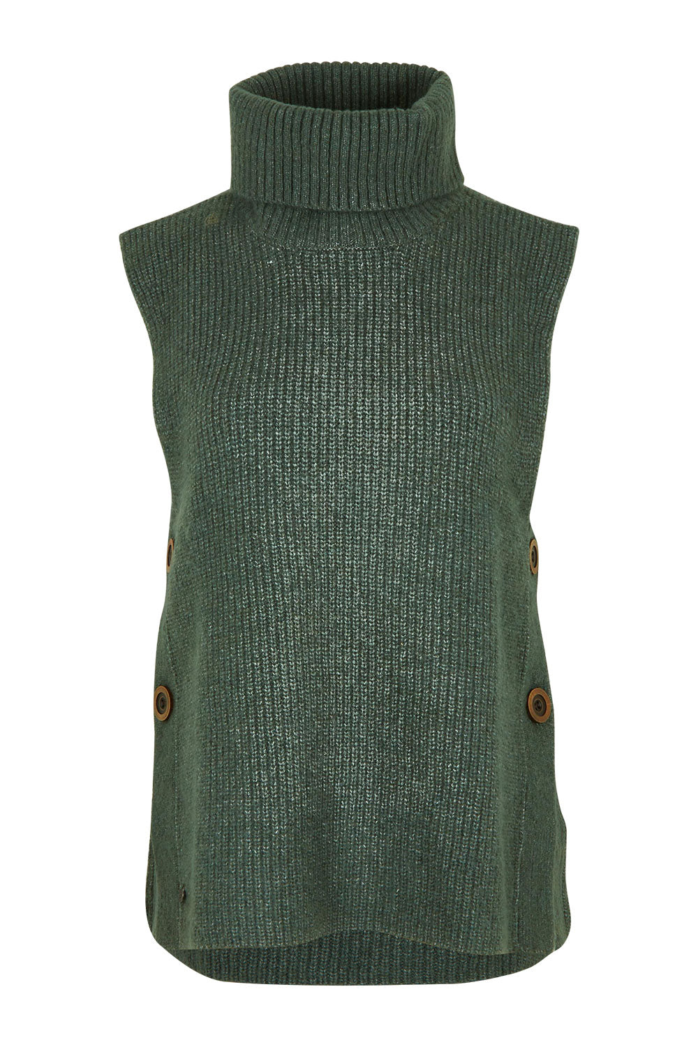 Product shot of the Button Side Knitted Vest in colour Khaki (Green), from the front