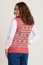 A model wearing the Pink Fairisle Knitted Vest in colour Red (Red), from the back