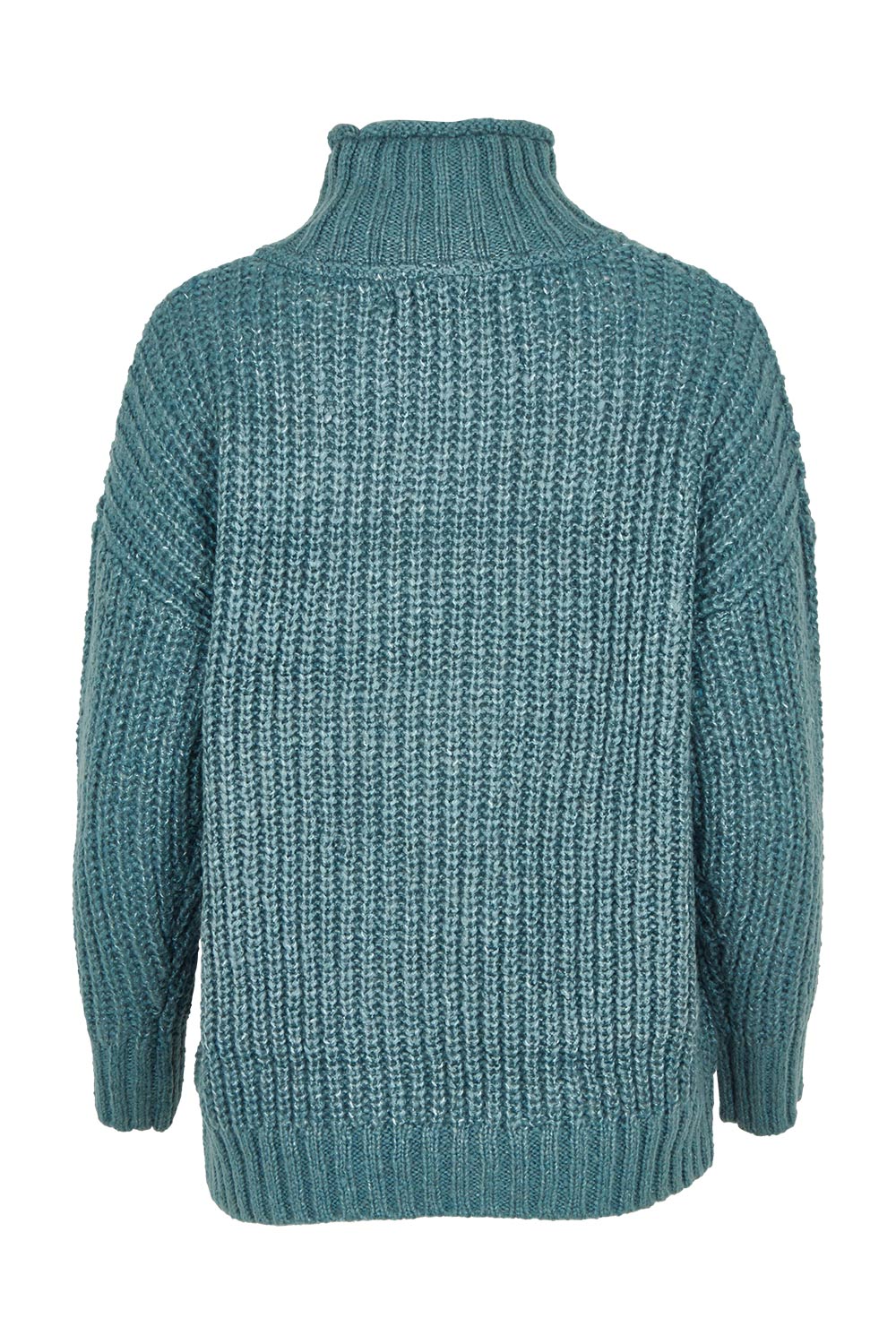 Product shot of the Cable Knitted Roll Neck Jumper in colour Blue (Blue), from the back