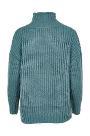 Product shot of the Cable Knitted Roll Neck Jumper in colour Blue (Blue), from the back