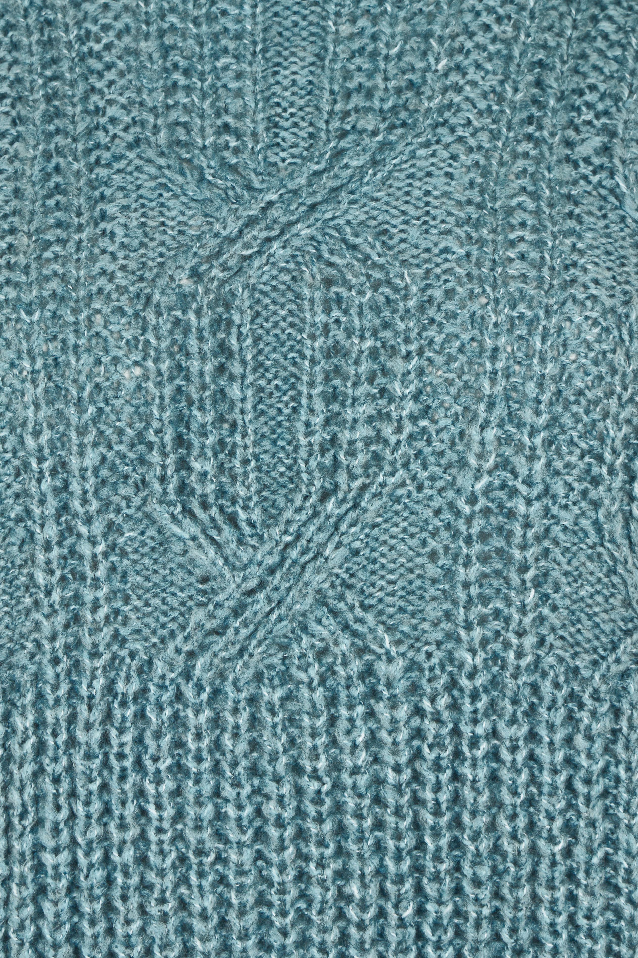Product shot of the Cable Knitted Roll Neck Jumper in colour Blue (Blue), detail