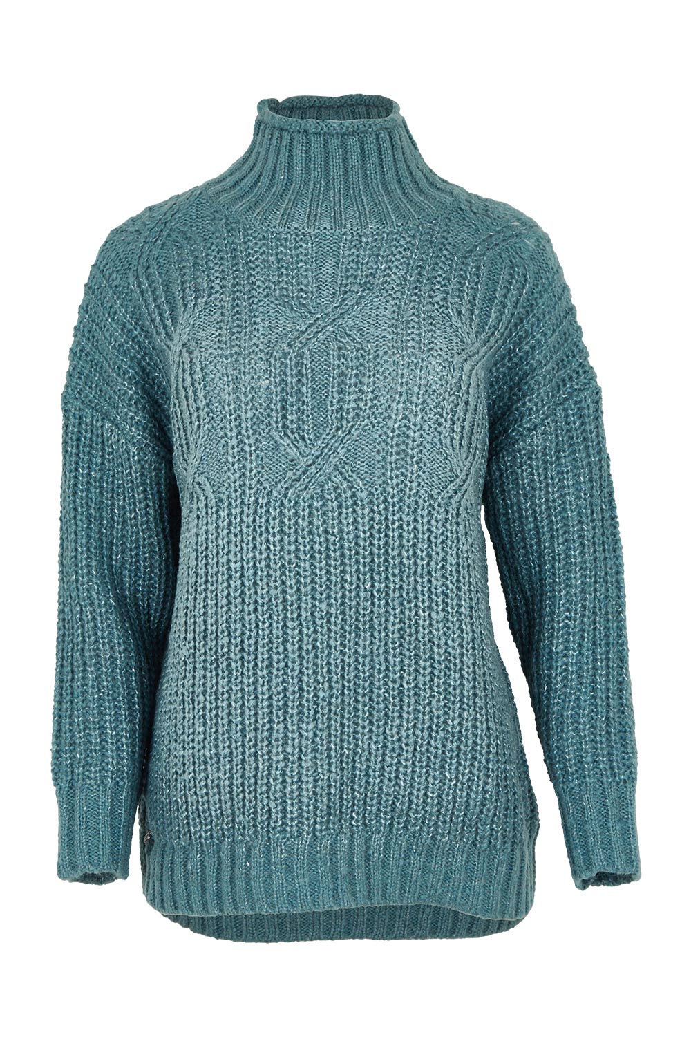 Product shot of the Cable Knitted Roll Neck Jumper in colour Blue (Blue), from the front