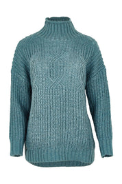 Product shot of the Cable Knitted Roll Neck Jumper in colour Blue (Blue), from the front