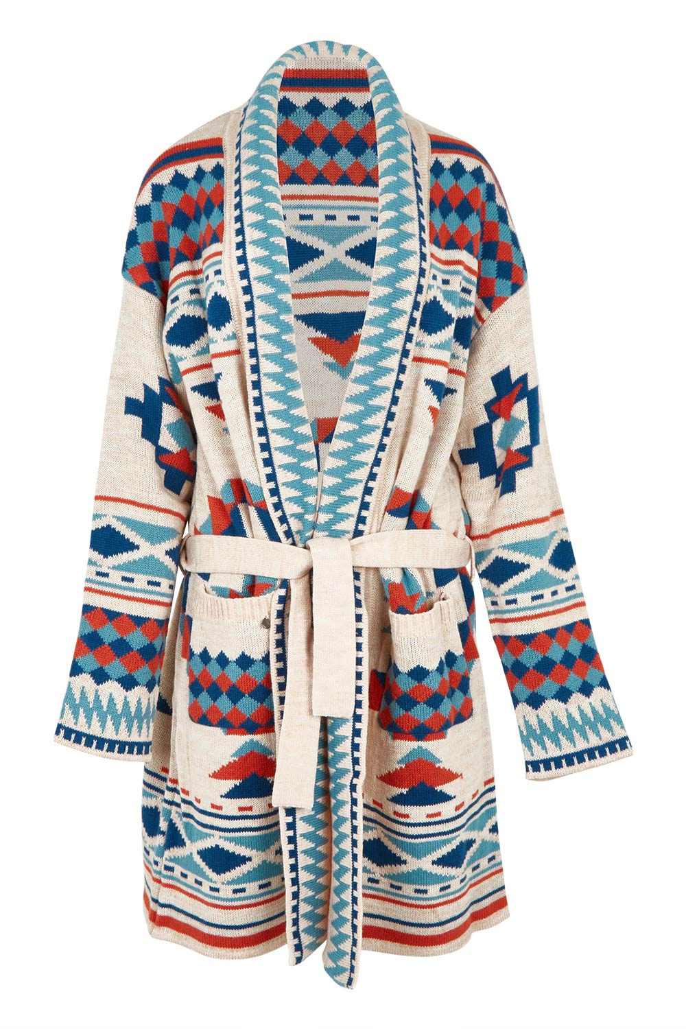 Product shot of the Geo Belted Wool Blend Knitted Cardigan in colour Multi, from the front