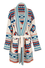 Product shot of the Geo Belted Wool Blend Knitted Cardigan in colour Multi, from the front