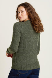 A model wearing the Rib Stitch Classic Cardigan in colour Green (Green), from the back