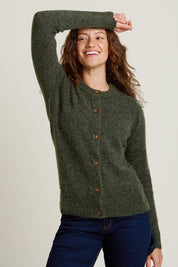 A model wearing the Rib Stitch Classic Cardigan in colour Green (Green), from the front, cropped image
