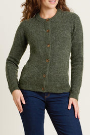 A model wearing the Rib Stitch Classic Cardigan in colour Green (Green), from the front, cropped image