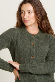 A model wearing the Rib Stitch Classic Cardigan in colour Green (Green), from the front, cropped image